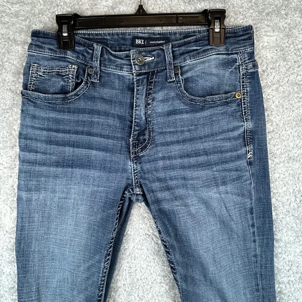 BKE Jake Straight Mens Blue Medium Wash Denim Jeans 30x30‎ Embroidery Whiskering